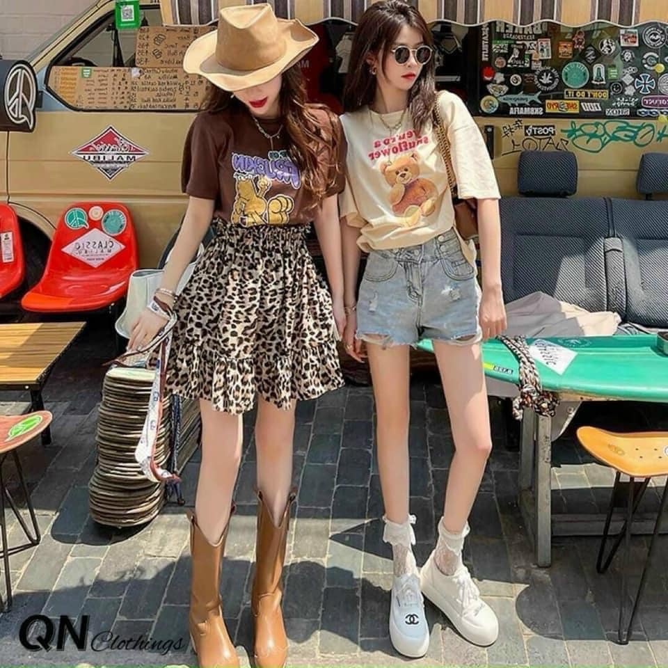 Đồ bộ nữ set áo phông nâu hoat hình mix chân váy báo