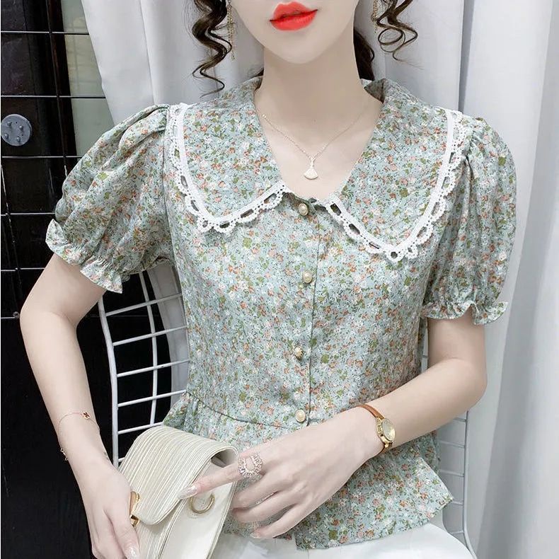 Áo Kiểu Tay Ngắn Cổ Búp Bê Phối Ren Hoa Phong Cách Retro Pháp