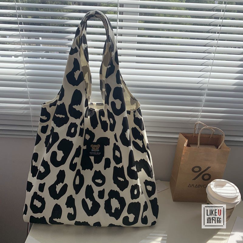 Túi tote đeo vai IELGY vải canvas họa tiết bò sữa/ caro đơn giản sức chứa lớn cho nữ