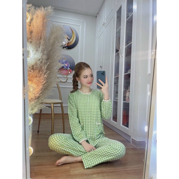 Bộ mặc nhà nữ kẻ ô hàng thiết kế viền ren cao cấp, Bộ pijama ngủ nữ xinh chất đũi xốp