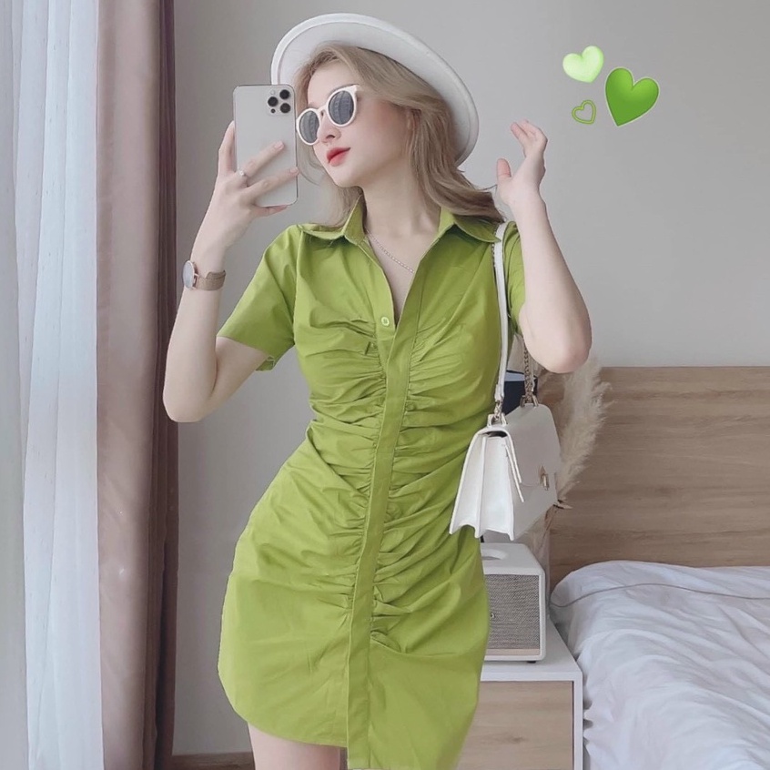 Đầm sơ mi nữ thời trang stclothing  thiết kế nhún eo cài nút st 75- mẫu mới