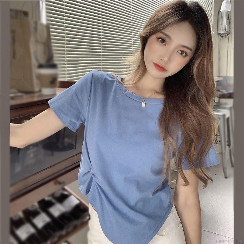 Áo thun tay ngắn cổ tròn màu trơn thiết kế lệch tà phong cách trẻ trung cho nữ