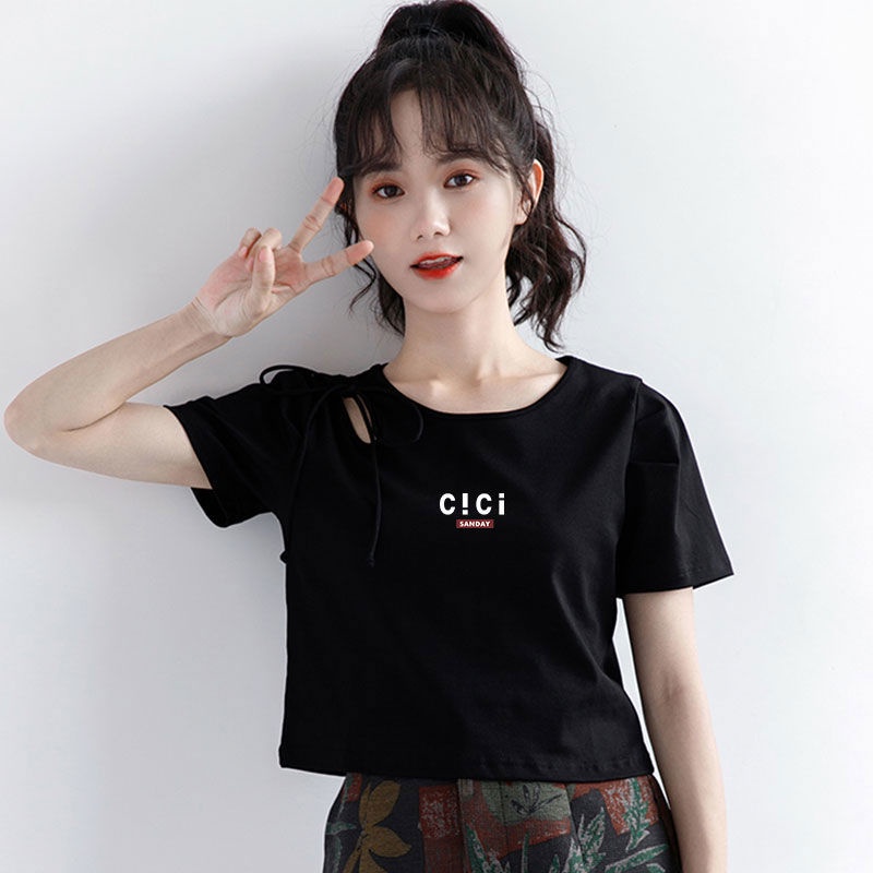 AMOI Áo Thun Dáng Ngắn Phối Rách Thời Trang 2022 Cho Nữ