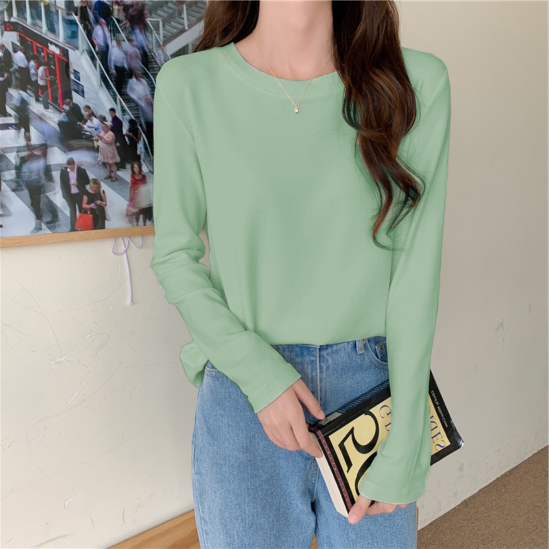 SUXI Áo thun dài tay cổ tròn thiết kế mới thời trang theo phong cách hàn quốc cho nữ