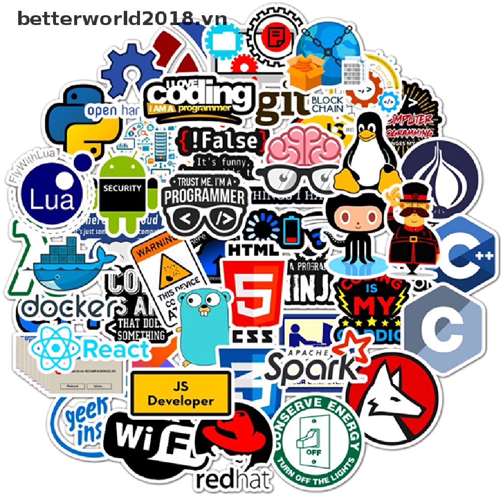Set 50 Sticker Lập Trình Internet Java betterworld2018 Dùng Để Trang Trí Vali / Laptop / Xe Hơi / Guitar DIY
