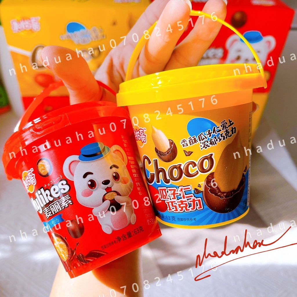 Sỉ 1 lốc gồm 12 xô kẹo sô cô la giòn/ kẹo sô cô la bọc hướng dương sắc màu Mylikes Hongkong xô mini 63gam