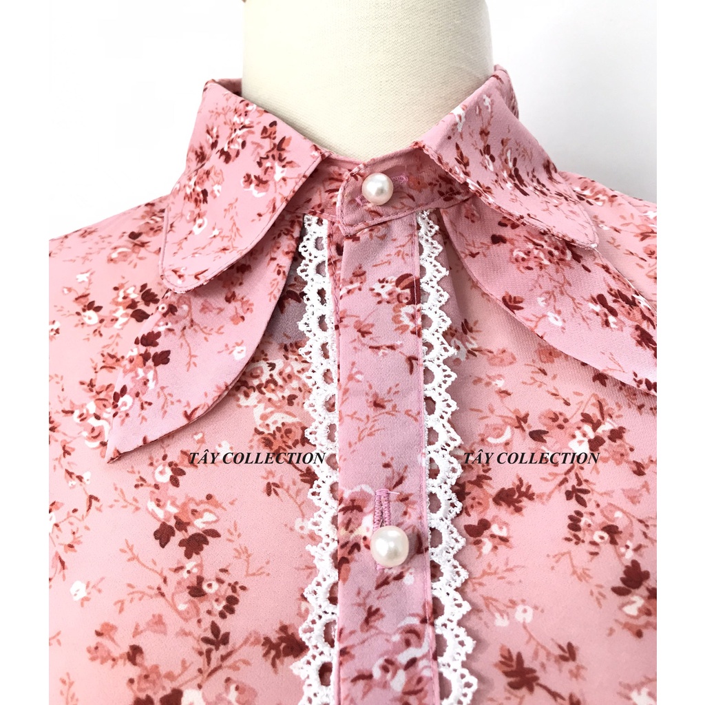Áo sơ mi Chiffon Hàn Quốc hoa nhí phối ren dài tay thiết kế Tây Collection