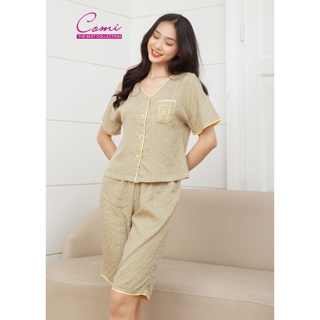 Bộ lửng nữ mặc nhà ngắn tay cài nút chất cotton kate CM514 Comi Homewear M-L-XL