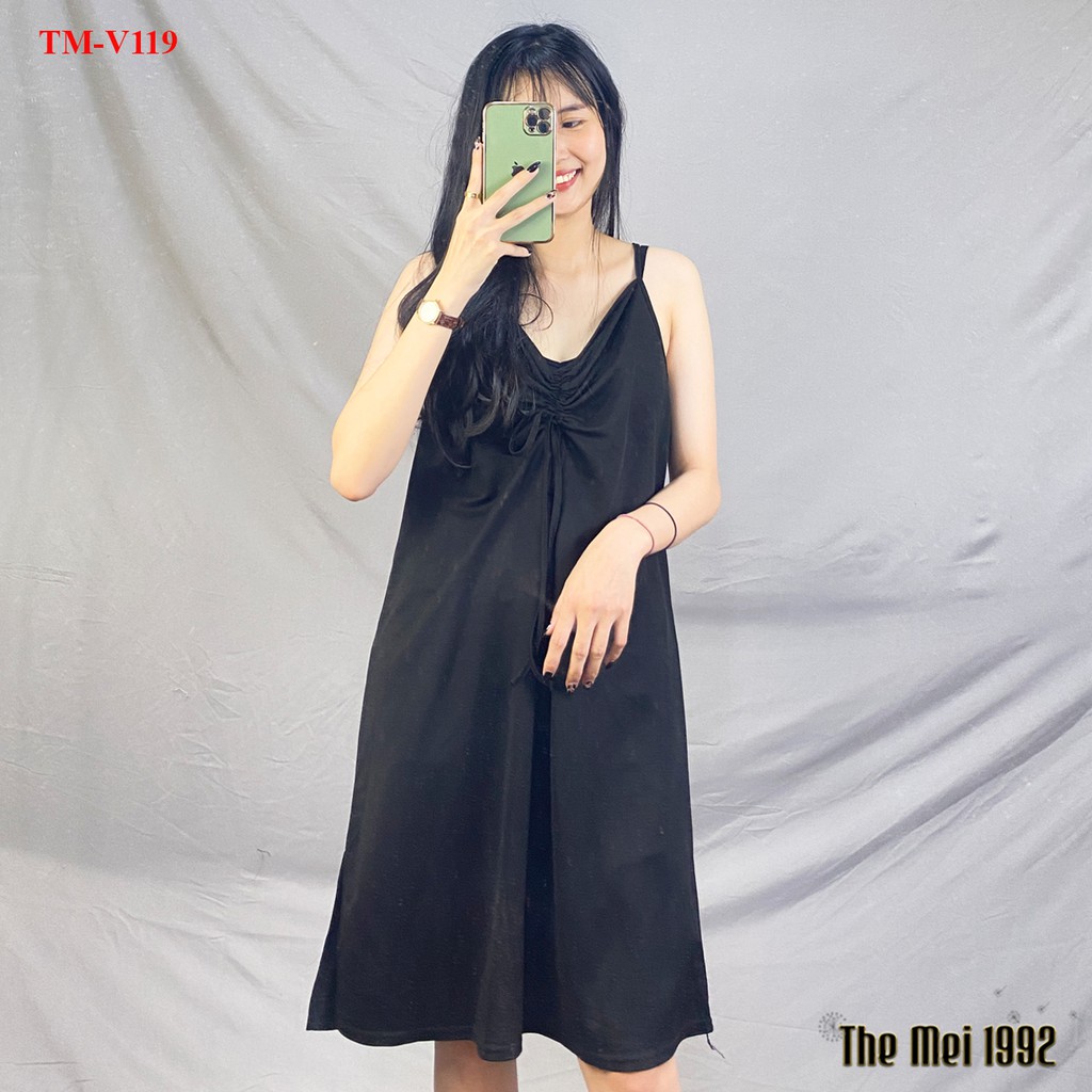 Đầm váy 2 dây nữ The Mei 1992 - Váy hai dây dáng suông cao cấp chất cotton mát rúm ngực xẻ tà siêu xinh | BigBuy360 - bigbuy360.vn