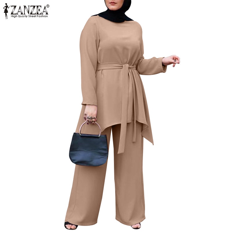 Zanzea Set Đồ Hồi Giáo Gồm Áo Tay Dài Cổ Tròn Và Quần Ống Rộng Có Túi Dành Cho Nữ