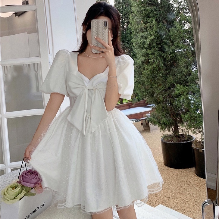 Đầm Công Chúa Mùa Hè Phối Ren Lưới Thắt Nơ Phong Cách Ngọt Ngào Phong Cách Mới Cho Bé Gái