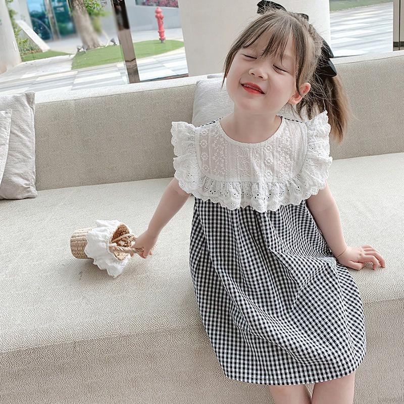 Đầm búp bê sát nách cổ tròn phối ren họa tiết kẻ sọc ngọt ngào cho bé gái