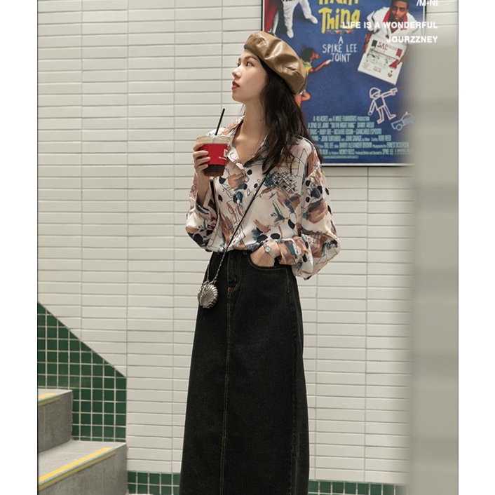 Áo Sơ Mi Tay Dài Dáng Rộng In Họa Tiết Phong Cách Retro Hàn Quốc Cho Nữ