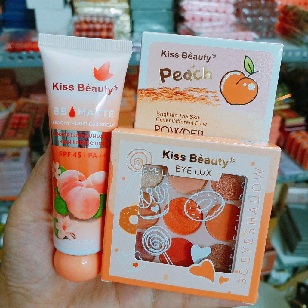 Combo lót đào + phấn phủ đào + phấn mắt kiss beauty 9 ô tròn siêu xinh