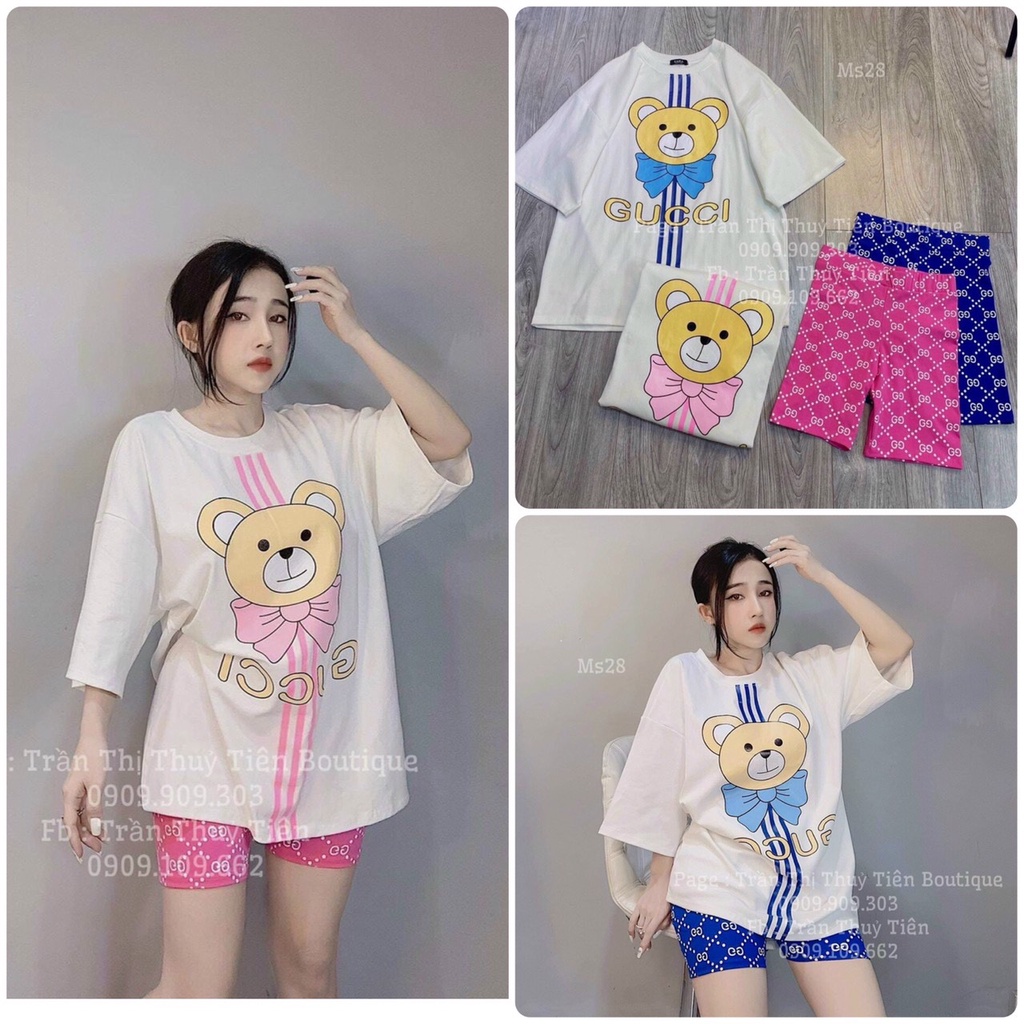 Set Bộ Nữ ,Đồ Bộ nữ HINH GẤU quần ngố-Chất thun coton 4 chiều dày mịn ko xù ko phai màu SET Bộ nữ hình GẤU dễ thương hot