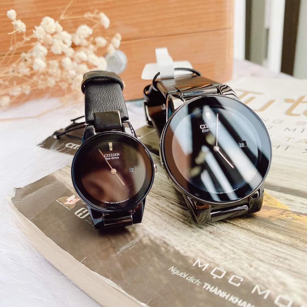Đồng hồ đôi nam nữ dây da Citizen Eco Drive AU1065 07E và GA1055 06E