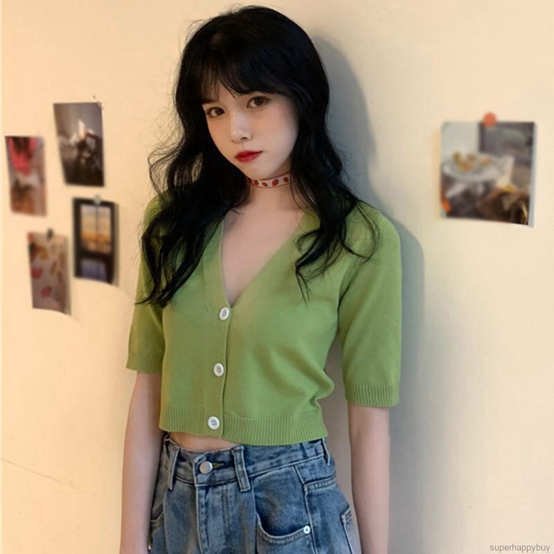 Áo croptop dệt kim ngắn tay phối nút cổ chữ V kiểu dáng đơn giản thời trang cho nữ