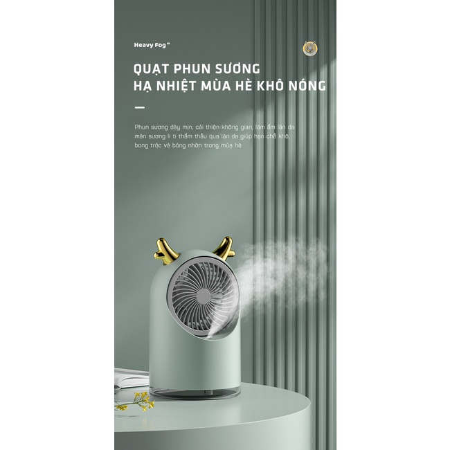 Quạt Phun Sương Hơi Nước Tạo Ẩm Tích Điện Không Dây Để Bàn Dễ Thương- 3 Cấp Độ Gió - Pin Sạc 2500mAh - Bình Chứa 400ml