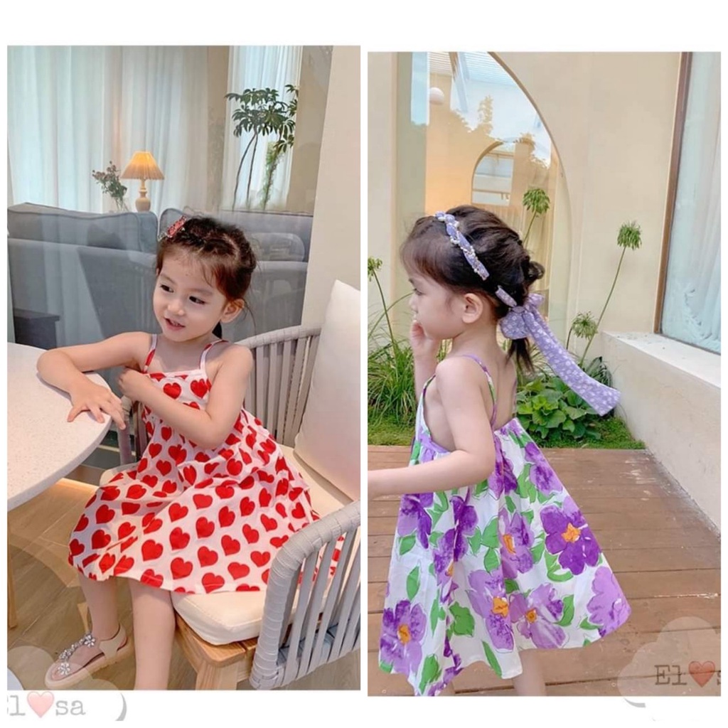 Váy bé gái - Váy 2 dây hoa tím, tim đỏ Vải đũi mềm mát thấm hút mồ hôi siêu xinh cho bé từ 1-5 Tuổi