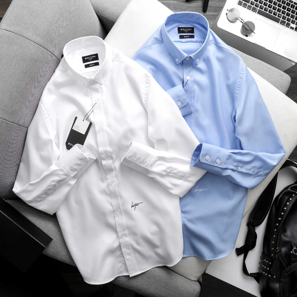 Áo Sơ Mi Nam Dài Tay Trơn Thêu Logo ChữKý BOUTON, 02 Màu Vải Cotton Hat, Form Slim Fit SMBO0028 160STORE