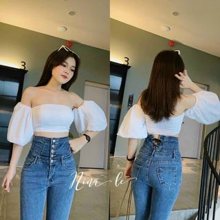 [CÓ ẢNH THẬT] CROPTOP BẸT VAI TRẮNG ĐEN