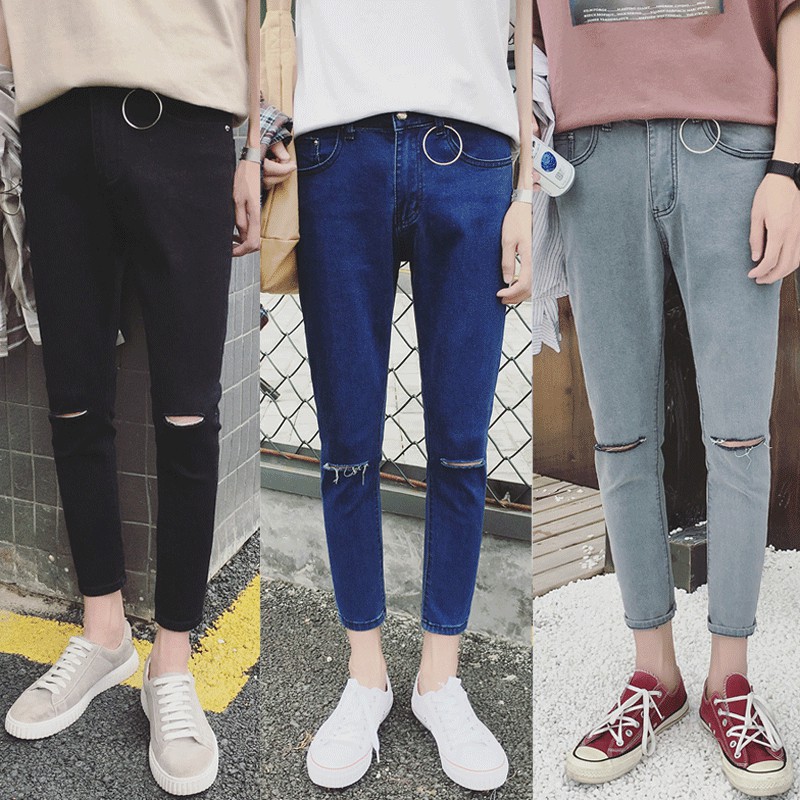 xu hướng 2017 hoang dã tự canh chín điểm jeans chân 9 điểm quần của nam giới đen