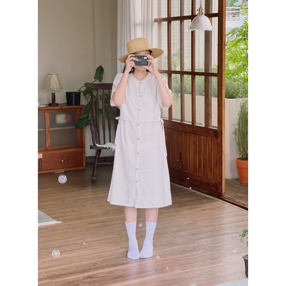 Váy linen sơ mi cúc gỗ (có may bigsize)