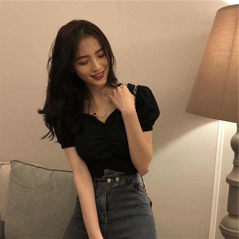 Áo Crop Top Tay Phồng Dây Rút Phong Cách Hàn Quốc 2021