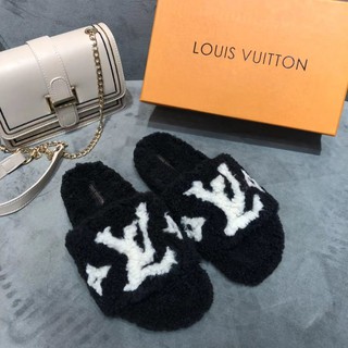 ♠✒Louis VUITTON LV Dép Len Chữ LOGO Dép Len Dẹt Dép Dép Dẹt Len Cừu Mặc Bên Ngoài Dép