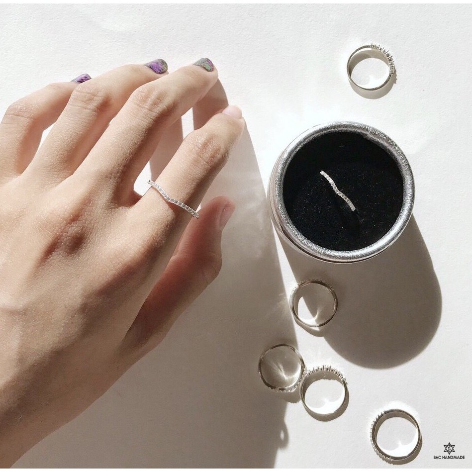 Nhẫn trơn uốn nạm đá bạc nguyên chất-Bạc Handmade(ảnh thật)