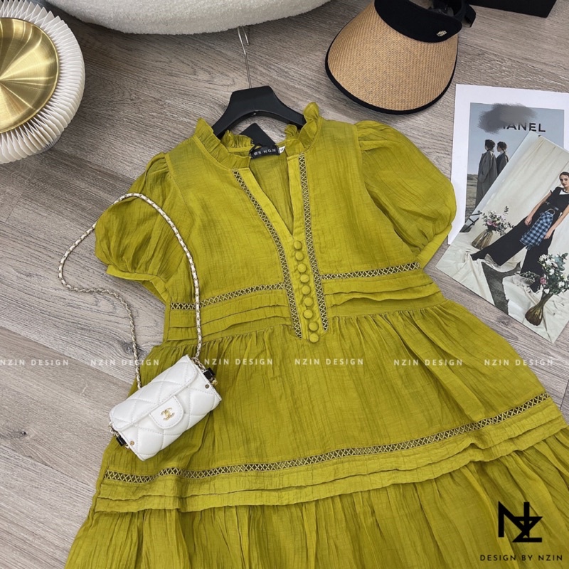 Váy đũi nhăn dáng xuông cúc bọc