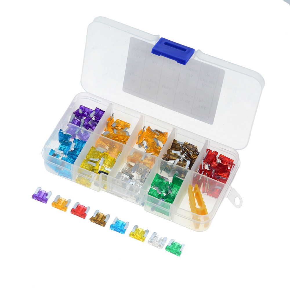 100 Cái / lốc Cầu Chì Ô Tô Mini Blade Fuse3A 5A 7.5A 10A 15A 20A 25A 30A AMP Các Loại Hộp Nhựa Có Kẹ