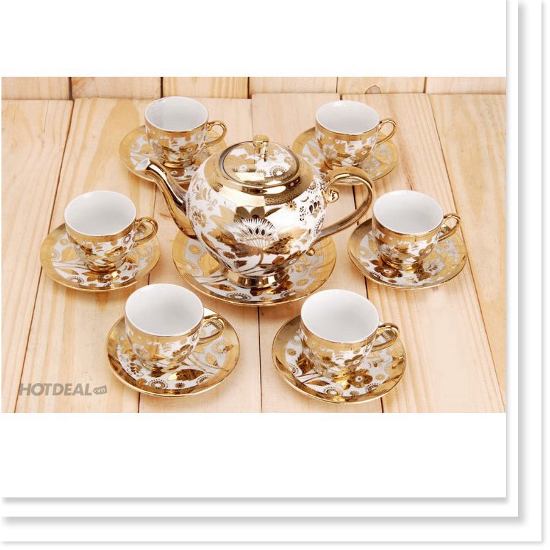 BỘ TÁCH TRÀ HOA VĂN NHŨ VÀNG HOÀNG GIA - BỘ ẤM CHÉN UỐNG TRÀ 6 LY CAO CẤP