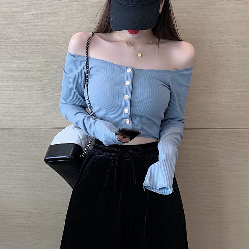 Áo Croptop Tay Dài Trễ Vai Phong Cách Hàn Quốc Quyến Rũ Cho Nữ