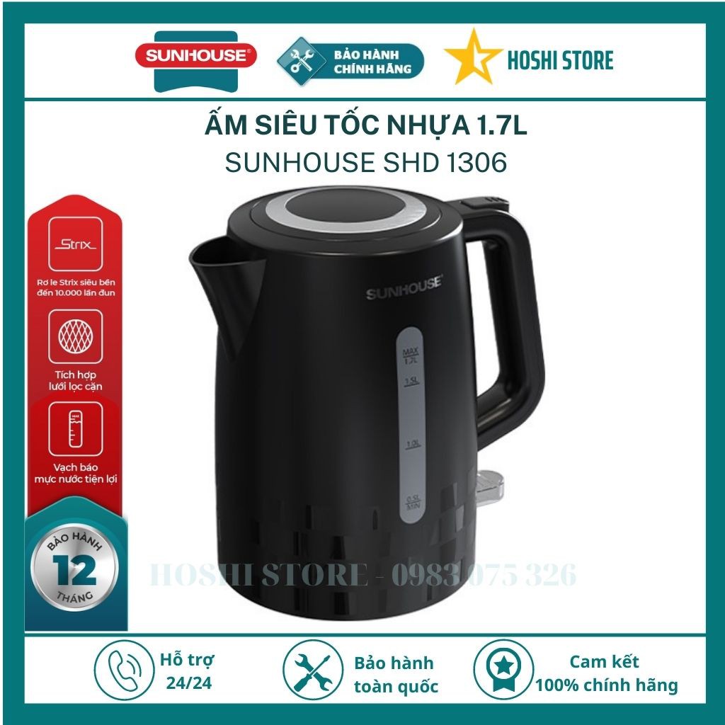 Ấm siêu tốc, bình siêu tốc nhựa cao cấp 1.7L SUNHOUSE SHD1306, bảo hành toàn quốc 12 tháng