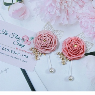 Hoa cài áo handmade - Trâm cài áo nam nữ hoa hồng kết hợp lá và phụ kiện trai, kim loại
