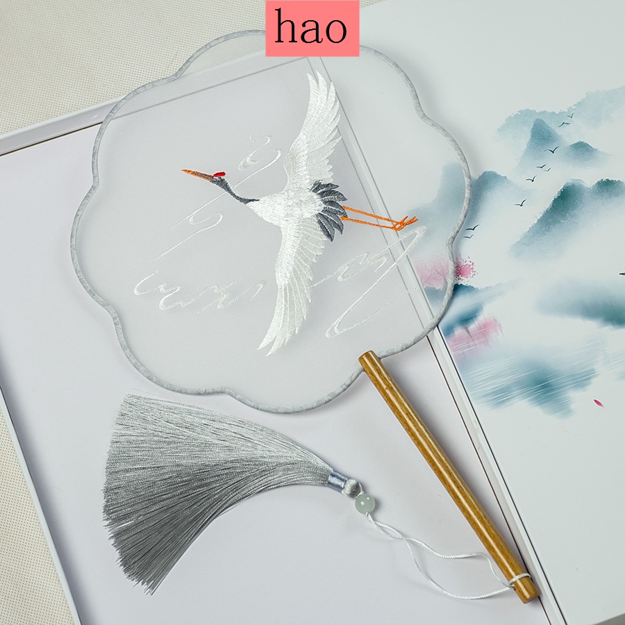 Quạt Tròn Cầm Tay Bằng Lụa Trong Suốt Thêu Họa Tiết Phong Cách Cổ Điển Phối Tua Rua Thời Trang Cho Nữ