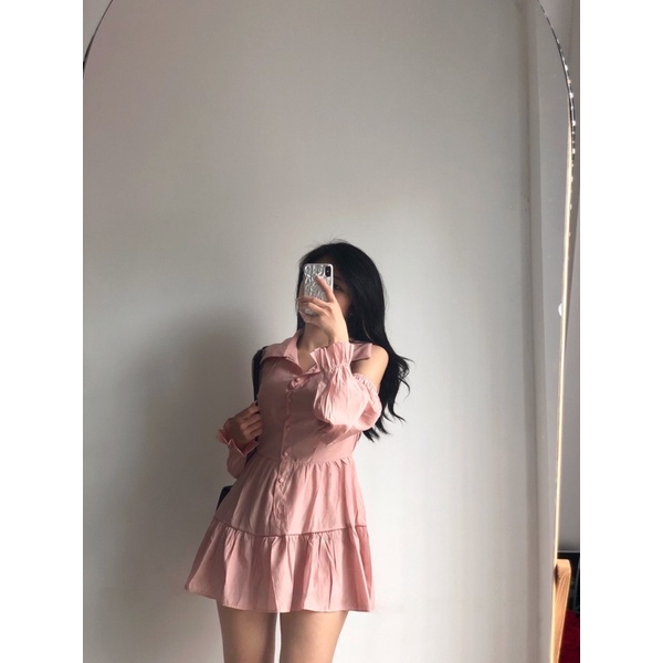 (Ảnh thật) Váy voan mềm xoè chữ A cổ sơ mi khoét vai the.sweaterweather TSW