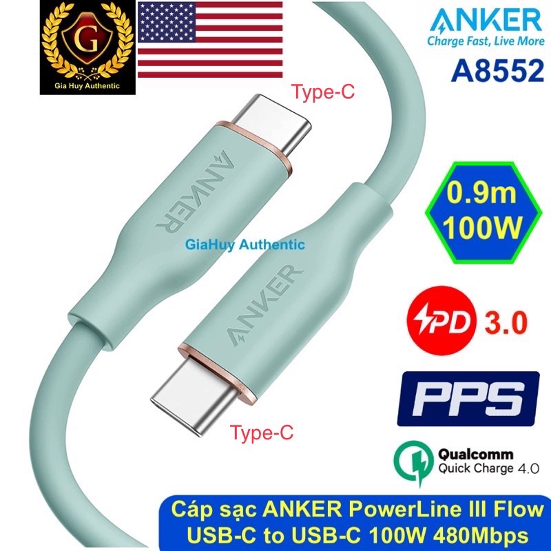Cáp sạc nhanh S22 Series, Note 20 Ultra ANKER A8552 PowerLine III Flow USB-C to USB-C 100W PD/ PPS chiều dài 0.9m / 1.8m