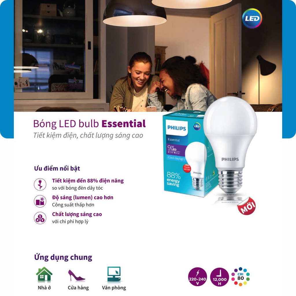 Bóng đèn LED PHILIPS Essential E27 - HÀNG CHÍNH HÃNG [Tiết kiệm điện, Ánh sáng chất lượng cao]