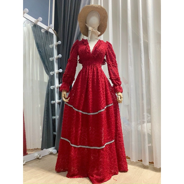 Đầm maxi đi biển ren lông viền thổ Cẩm Thiết kế khoét eo tôn dáng cá tính chụp hình sống ảo sang chảnh XUKA-DRESS