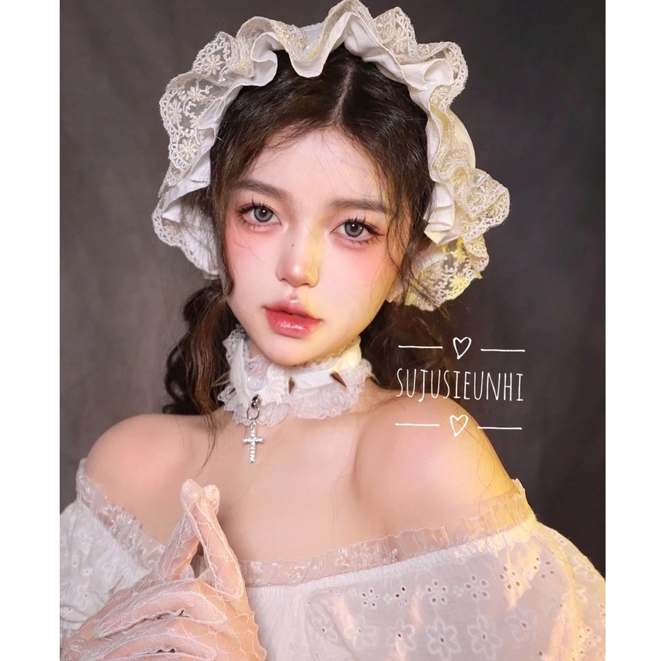 Vòng cổ choker ren đính cánh thiên thần chữ thập tán đinh phong cách gothic