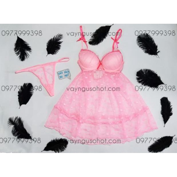 ( clip tự quay + ảnh thật tự chụp ) váy ngủ cúp ngực chấm bi hồng sexy