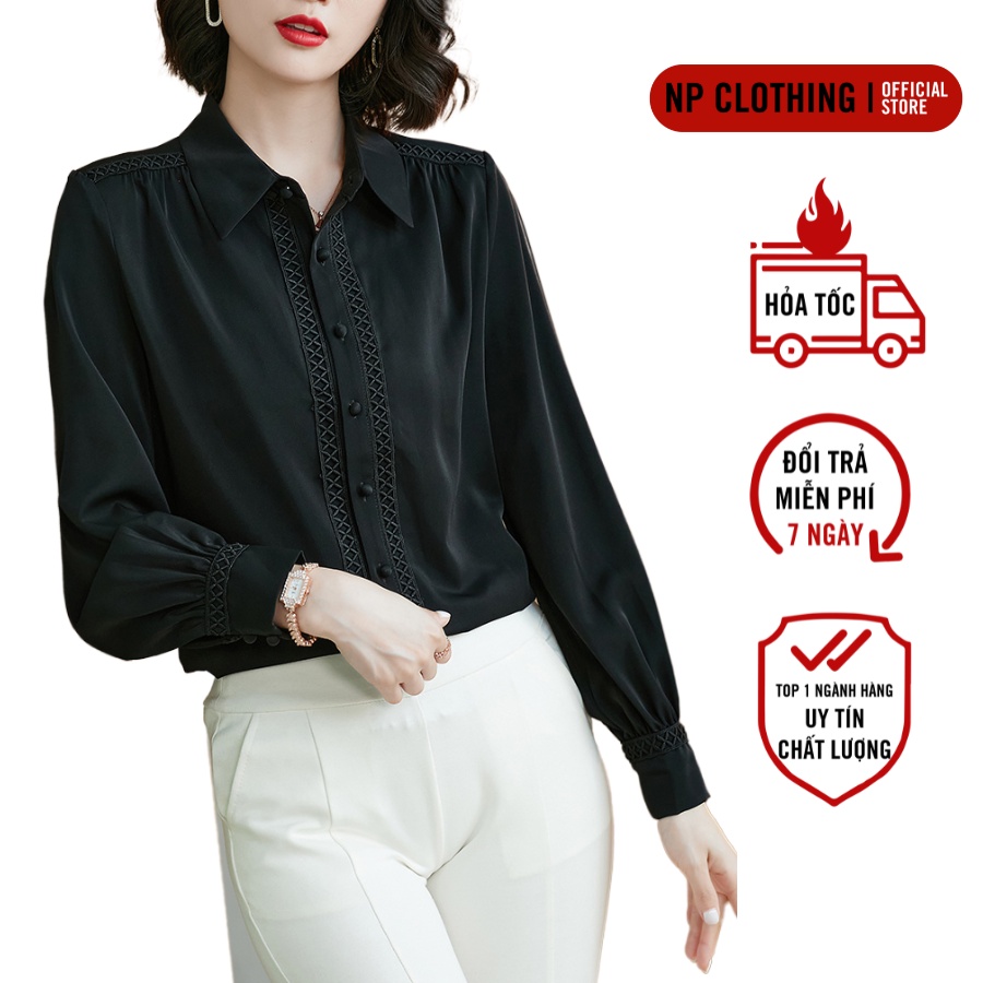 Áo Sơ Mi Nữ N611, Mẫu Áo Sơ Mi Công Sở Dài Tay Cổ Bẻ Đính Nút Phong Cách Tây Âu, Chất Lụa Satin Cao Cấp