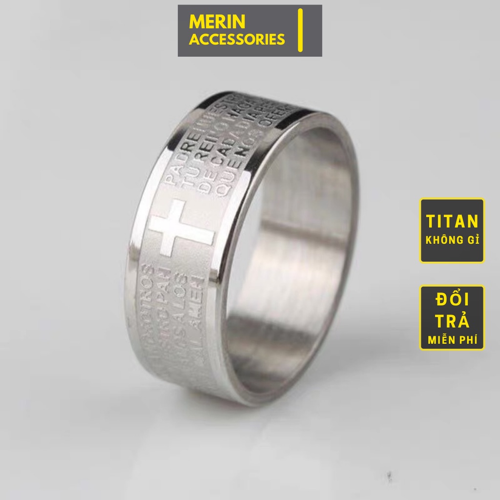 Nhẫn nam nữ tròn Unisex Merin Accesories màu bạc Thời trang chất liệu Titan đẹp đơn giản - Nhẫn Cross