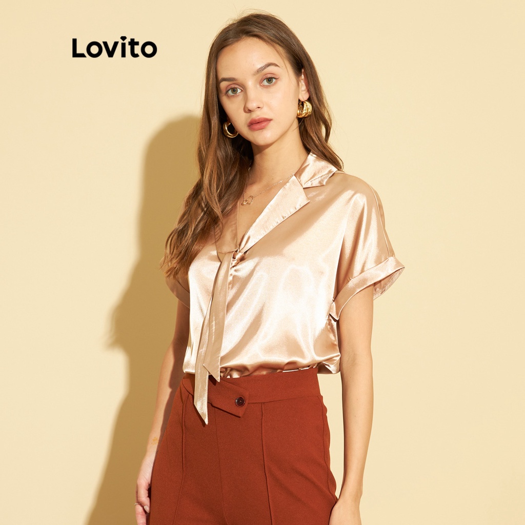 Áo Lovito màu trơn cổ áo satin kết cấu phong cách thanh lịch L25ED074 (màu nâu)