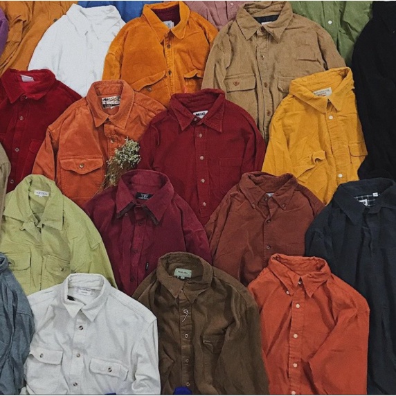 Sơ Mi Nhung Tăm , Sơ Mi Flannel Caro 2hand Tay Dài Khoác Phong Cách Thời Trang Caro Trơn Sọc Họa Tiết Vải Gân Mẫu 1