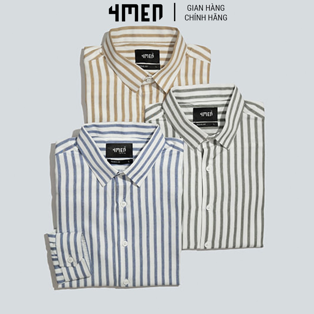 Áo sơ mi nam kẻ sọc 4MEN SM067 dài tay, cổ Đức, vải Oxford và Cotton mềm, nhẹ, bền, thoáng mát