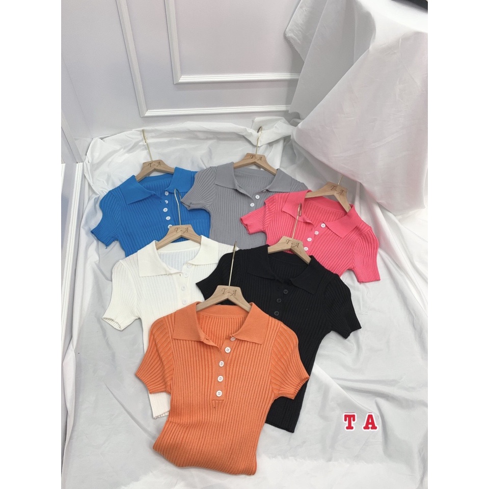 Áo len cổ bẻ sọc tăm ngắn tay khuy ngực dáng ôm co giãn nhiều màu AL6518 - NhiNhi Shop