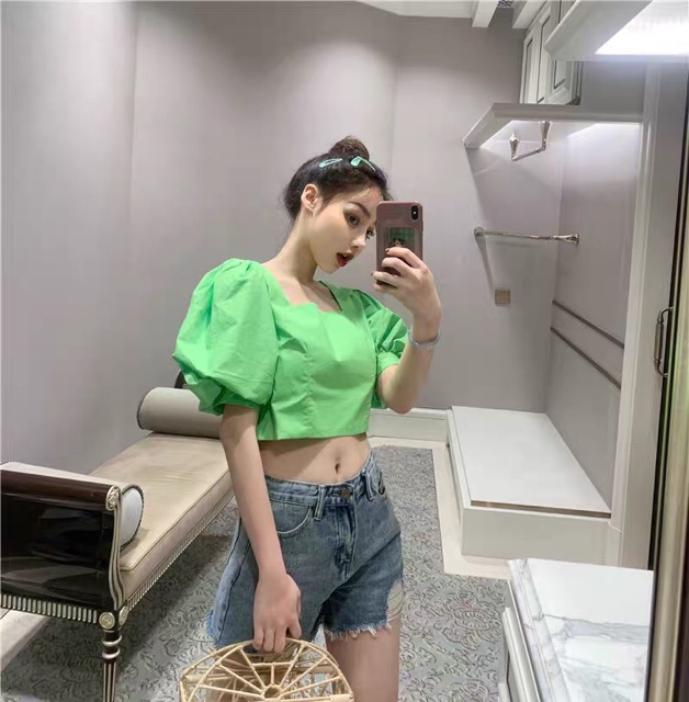 ÁO CROPTOP TAY PHỒNG XANH